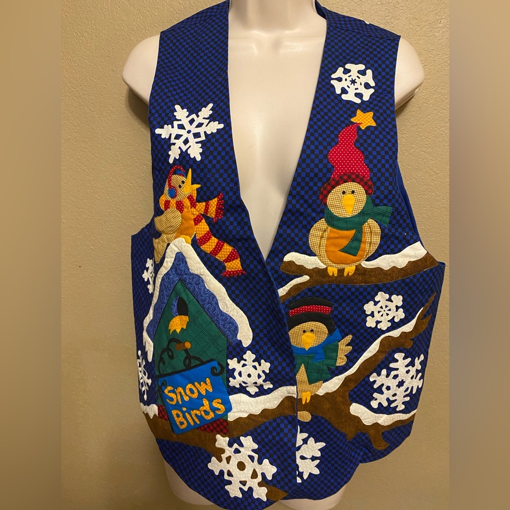 Festive Blue Snow Birds Handmade Quilted Women’s Vest